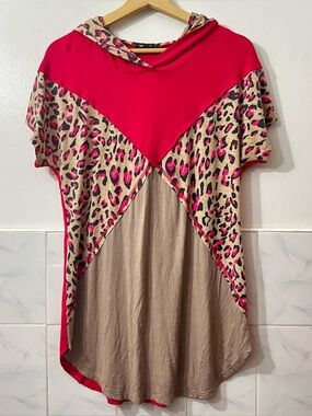 Vision USA Hot Pink Leopard Shirt Hoodie Tunic Top M/L Retro 80s 90s Color Block